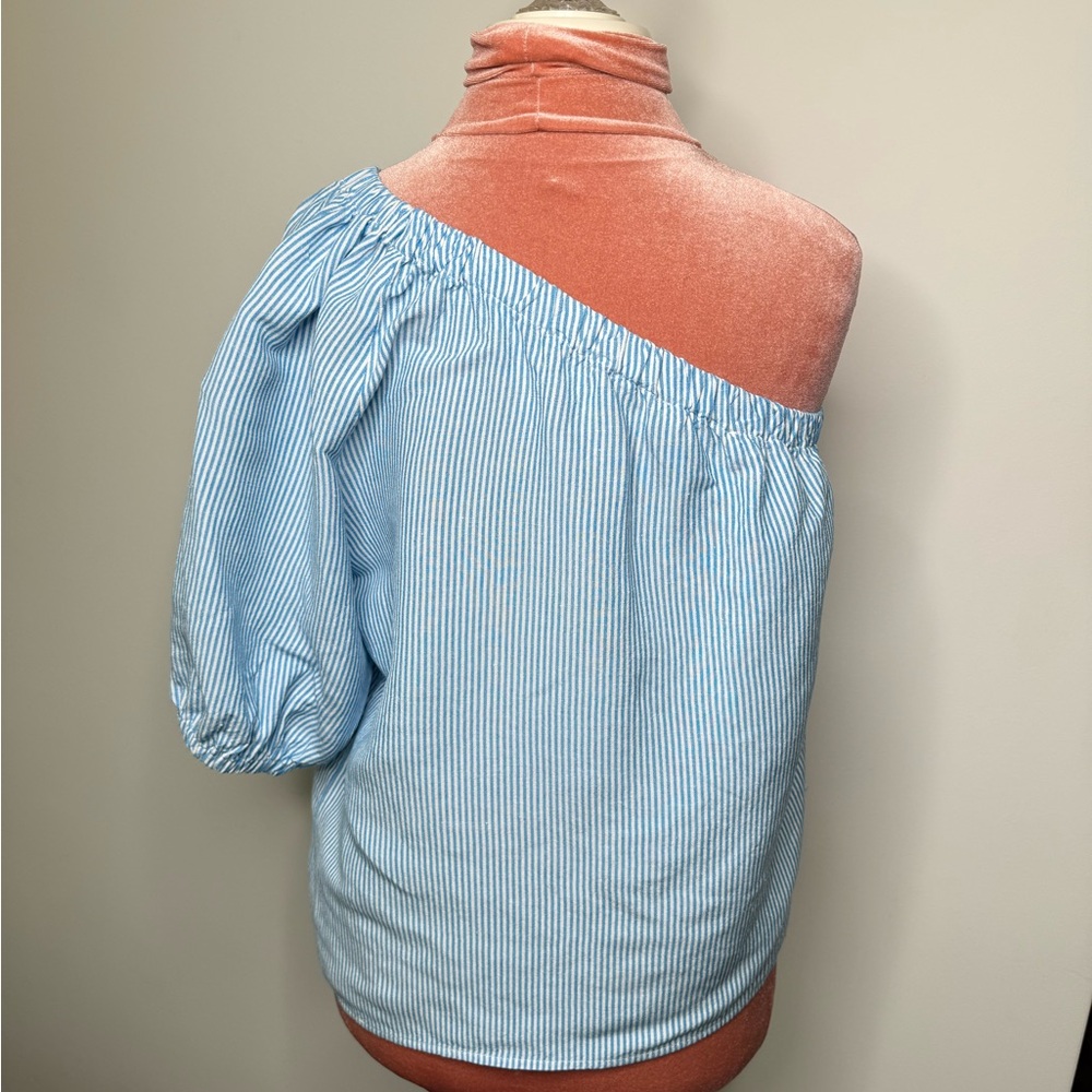 Loft Linen blend Striped One-Shoulder Top Blue White Women’s Size Large - Picture 6 of 12